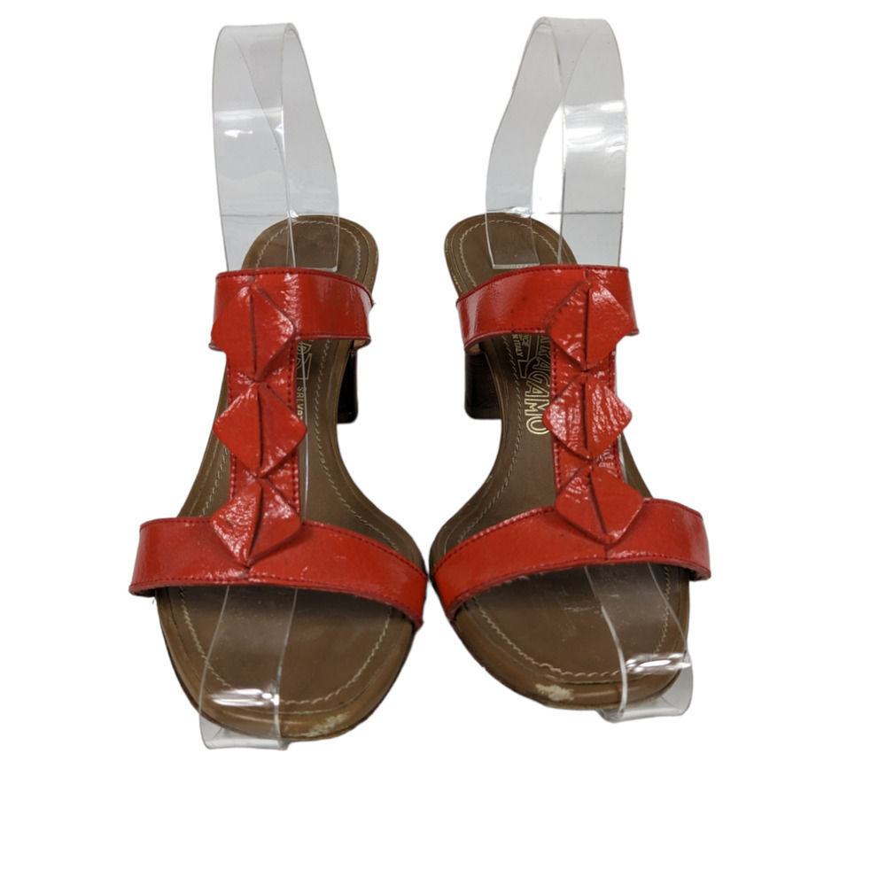 Salvatore Ferragamo Sandals 7 Coral Orange Red Patent Leather Strappy Heels